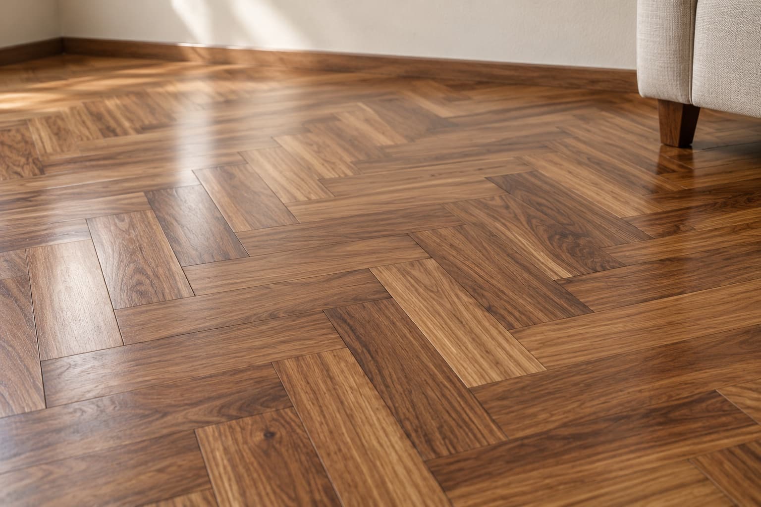 Inspiration de parquet brun à bâtons rompus, avec lames rectangulaires perpendiculaires.