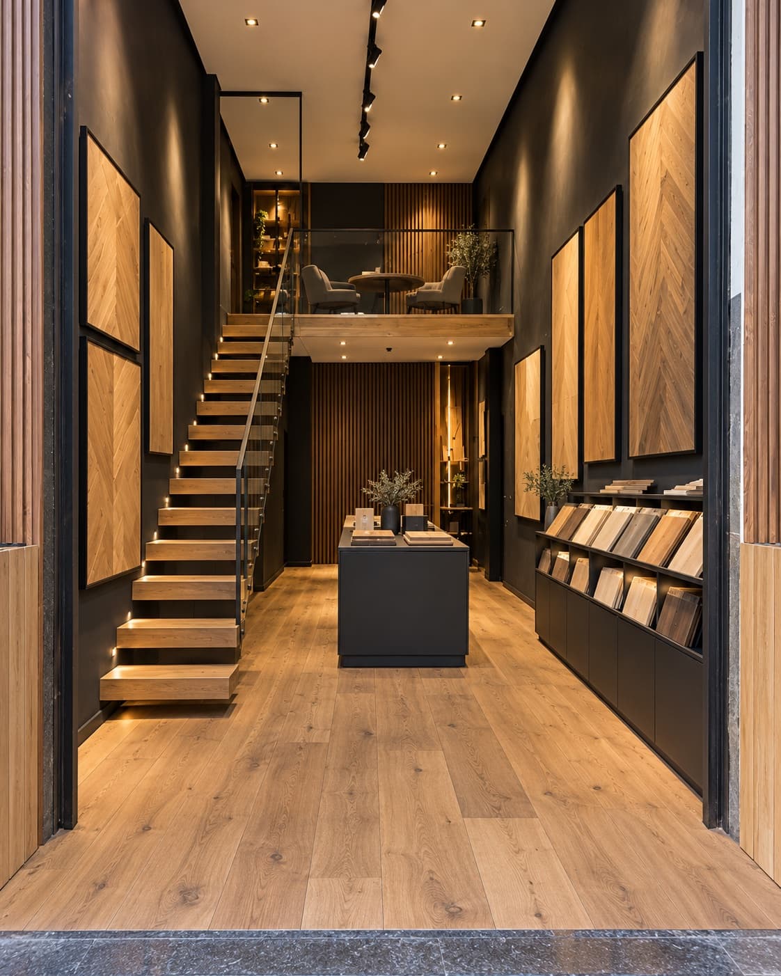 Projection d’un showroom étroit aux murs anthracite, parquet chaud et escalier en bois vers une mezzanine.